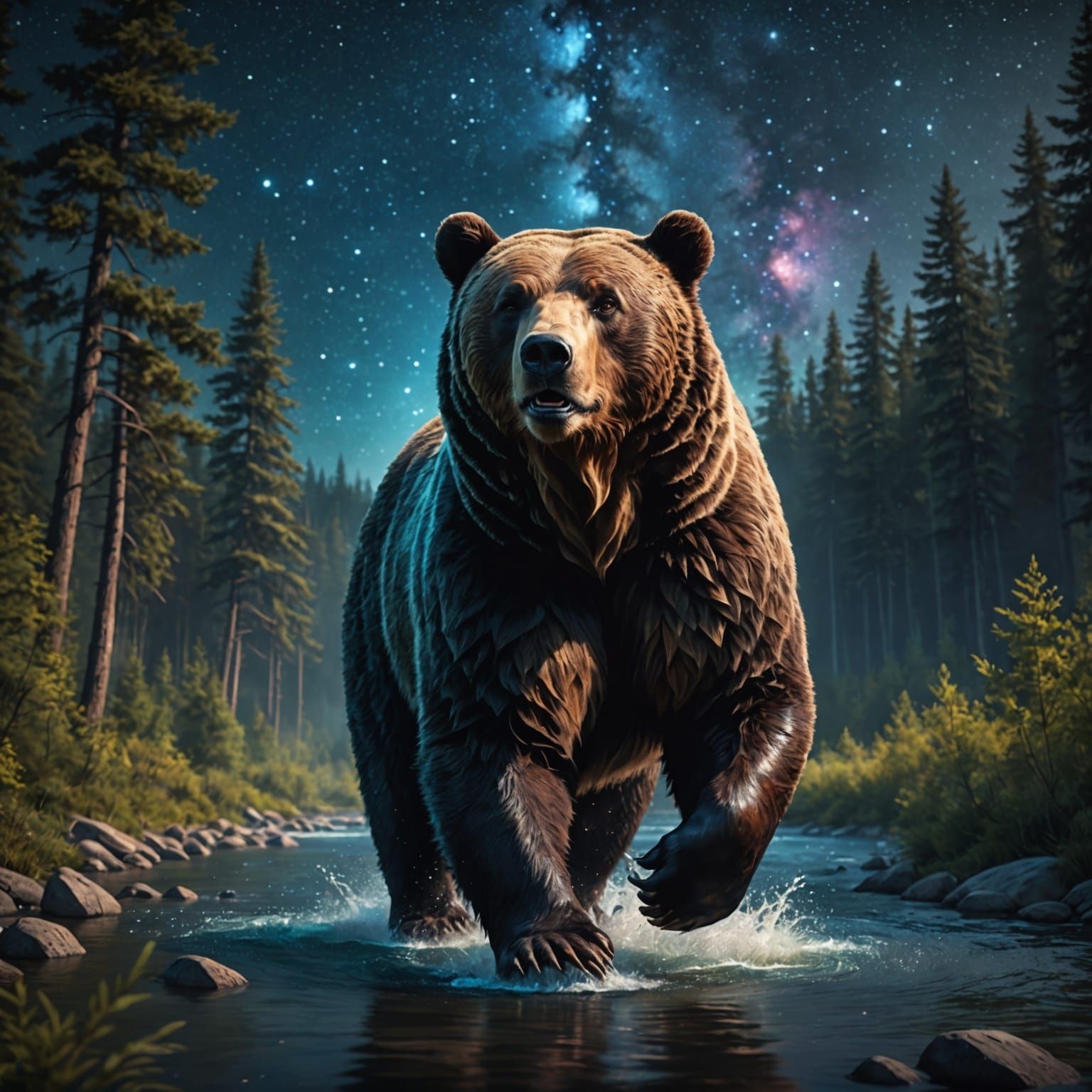 Starry Bear Walks in a Galaxy Forest