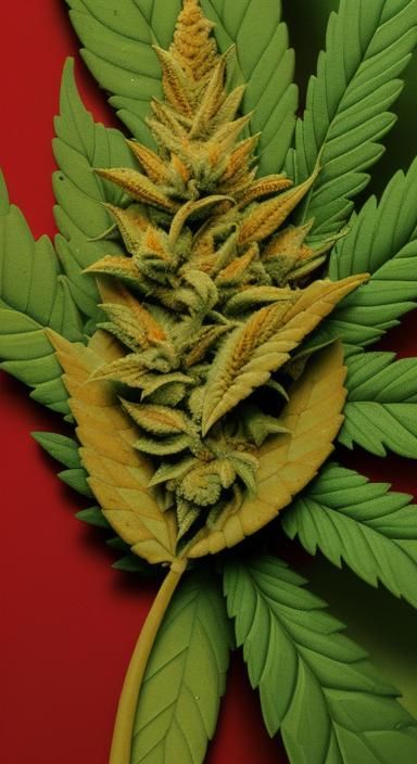 Marijuana Leaf Portrait with Red Cityscape