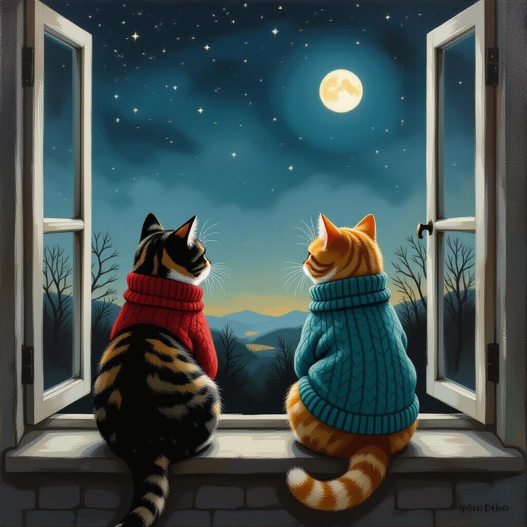 Cats Gazing at Night Sky in Watercolor Style