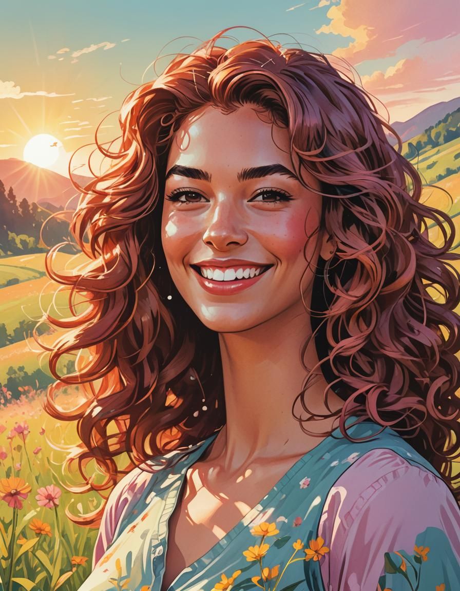 Cheerful Woman in Sunny Meadow Comic Illustration