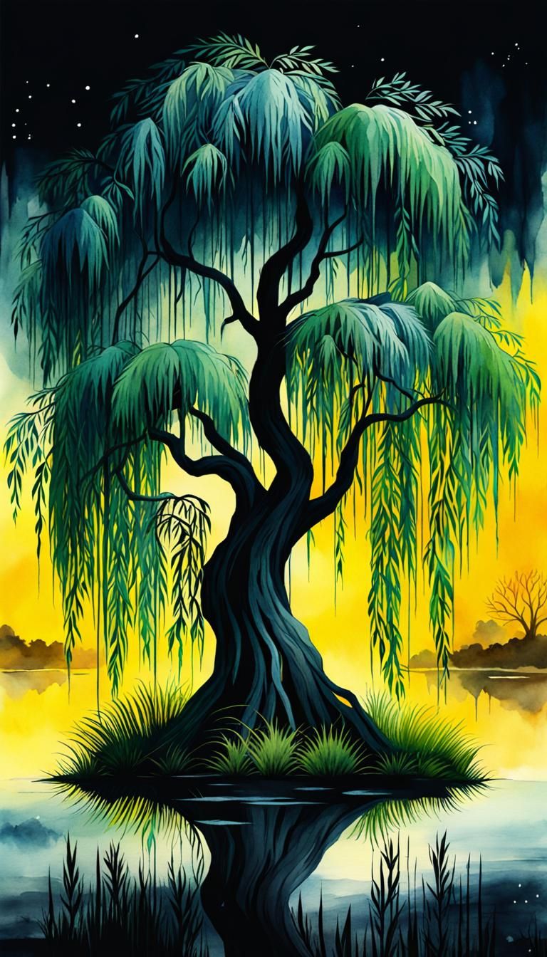 Epic Watercolor Weeping Willow Digital Illustration