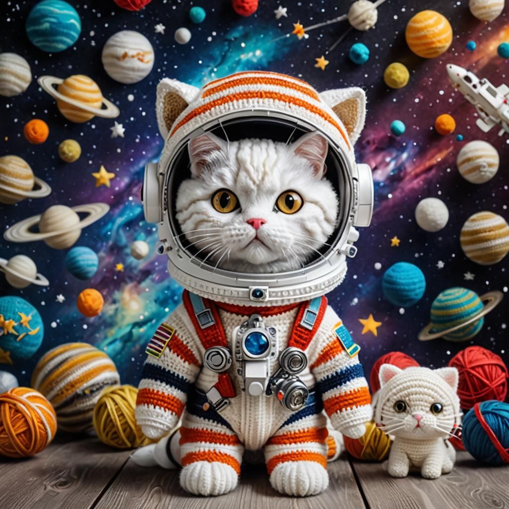 Astronaut Cat in Striped Helmet: Mixed Media Art