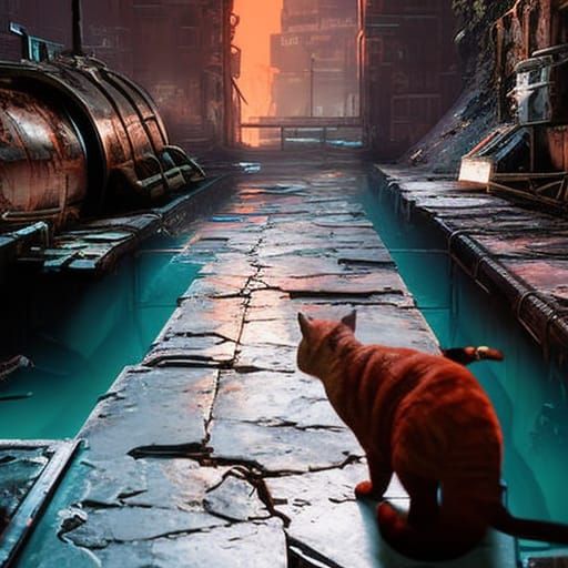 Cyberpunk Cat Explores Dystopian Sewer Ruins
