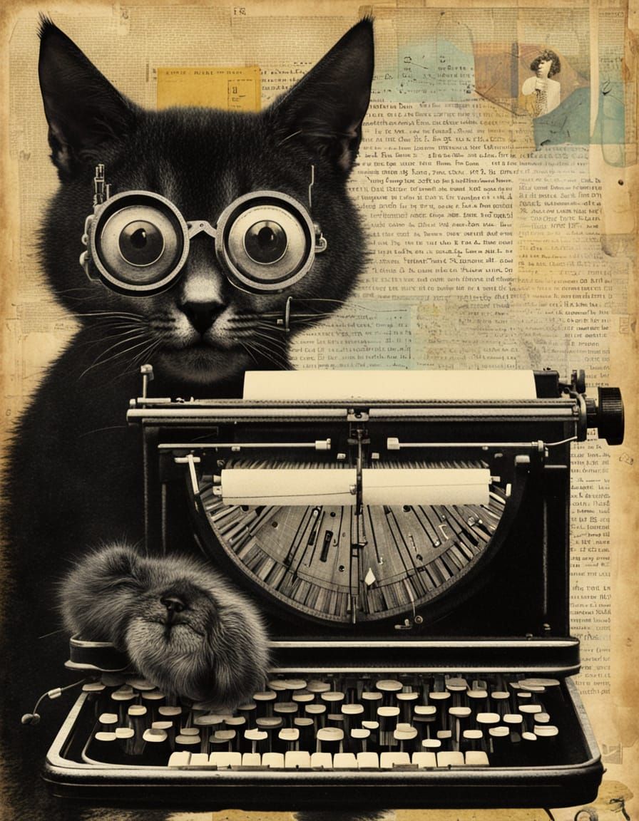 Surreal Kitten at a Typewriter in Art Deco Style