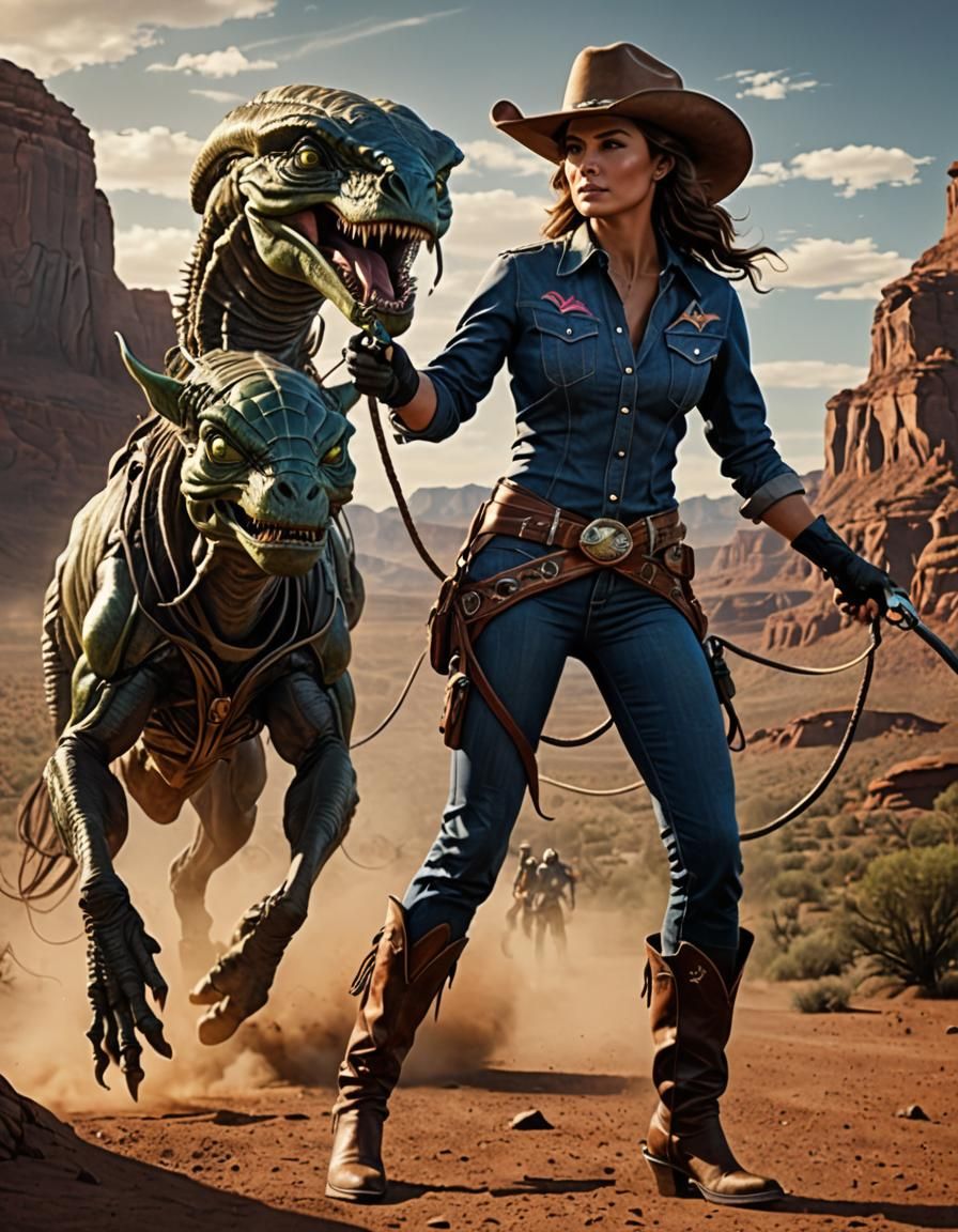 gorgeous cowgirl wrangling an alien creature with a lasso, p...
