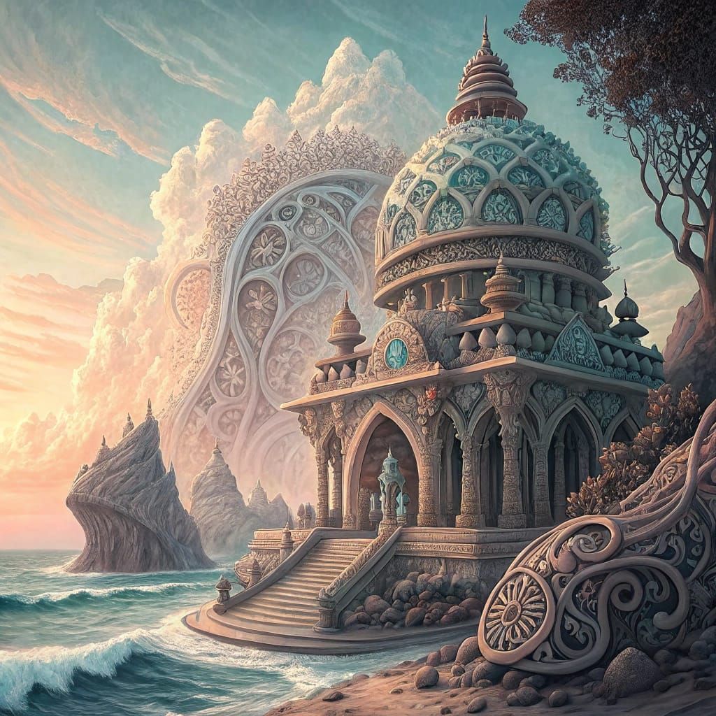 Ancient Seaside Temple in Abstract Fractal Style