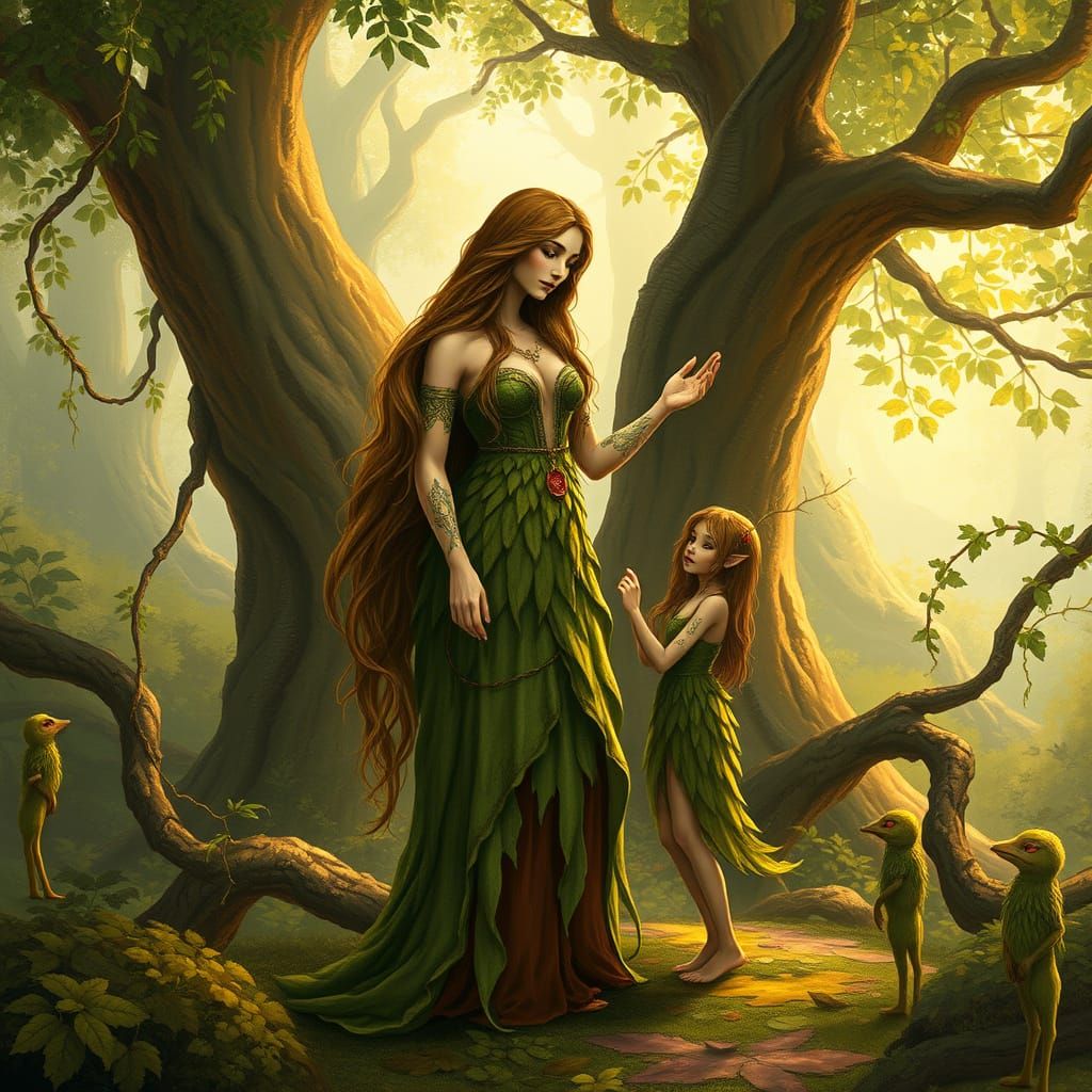Gaia Teaches Young Dryad in Whimsical Forest Scene