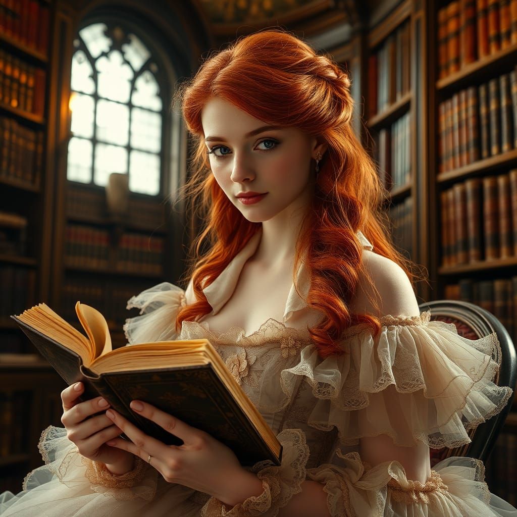 Victorian Lady Reading in Opulent Library