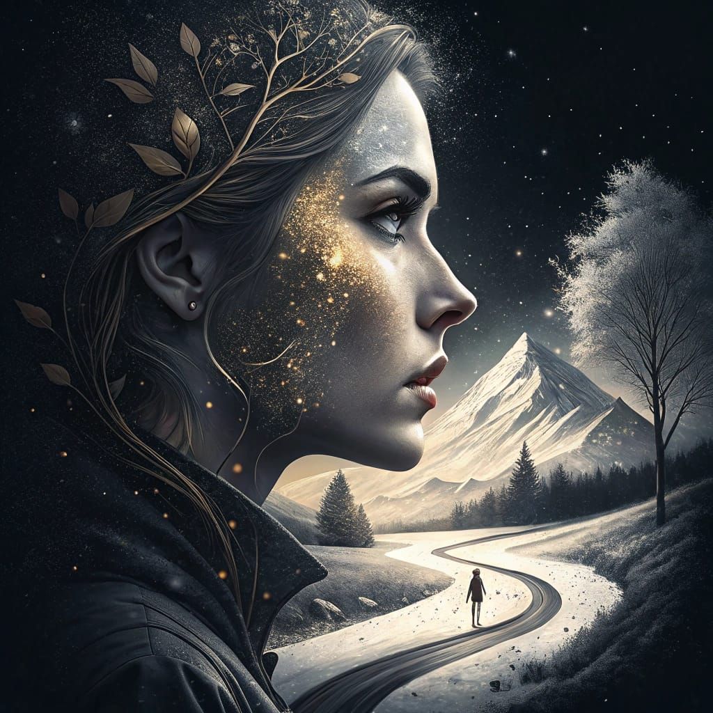 Metallic Woman's Face Reveals Snowy Mountain Path