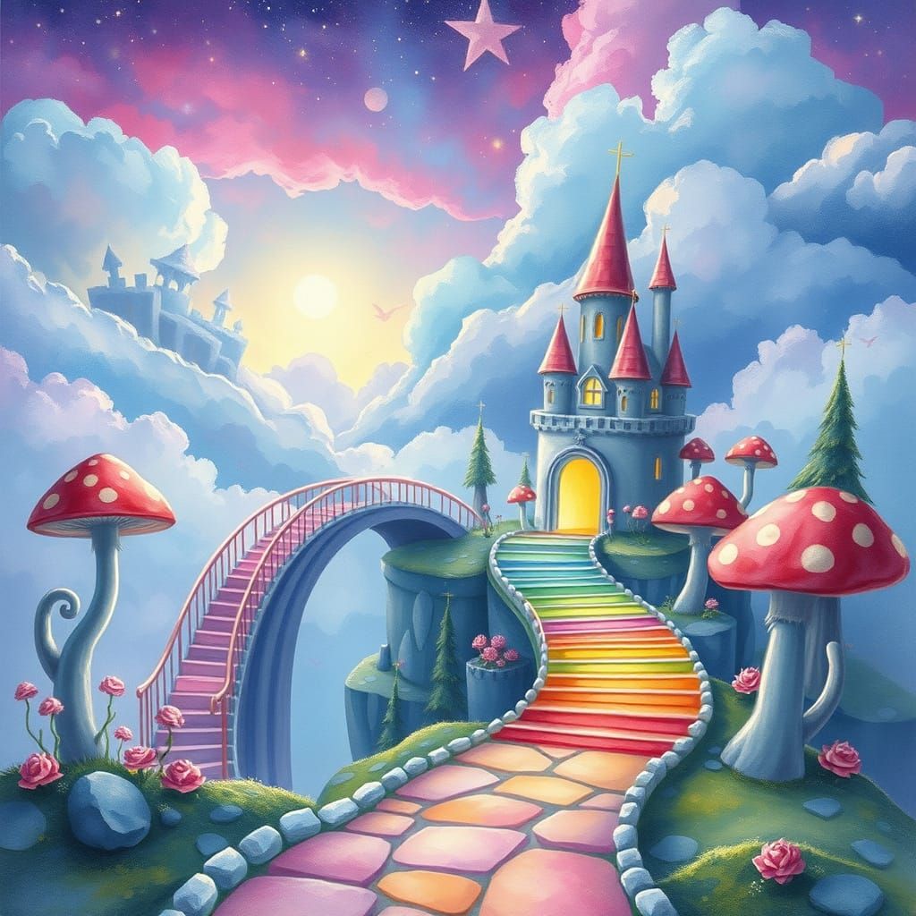 Watercolor Fantasy Realm of Candy Clouds and Dragons