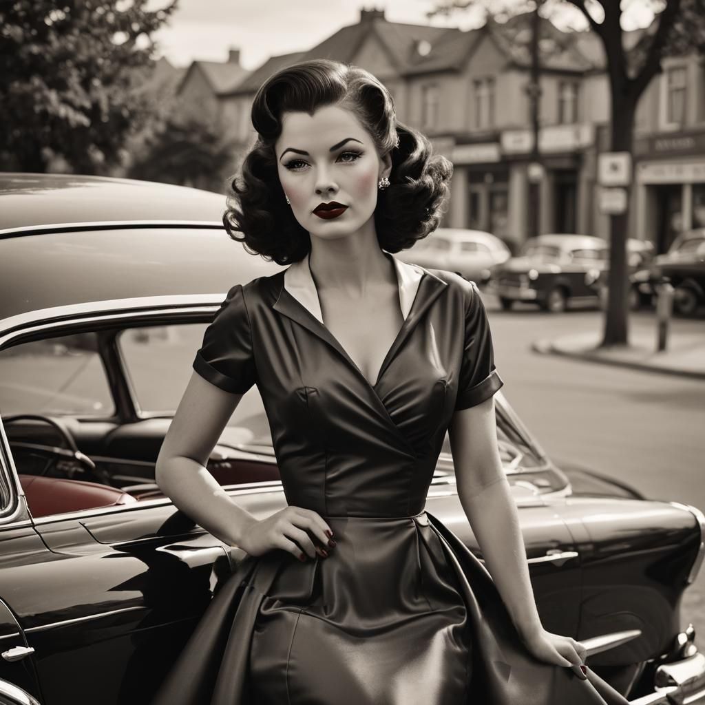 Classic Pin-Up Girl in Red Dress, Detailed Painting