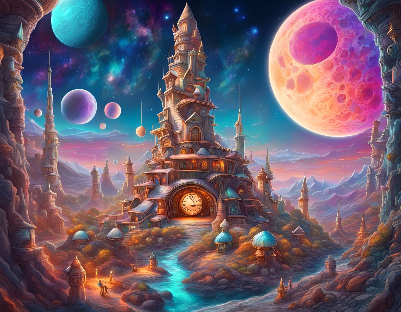 Moon Village with Clock Tower: Holographic Astral Illustrati...