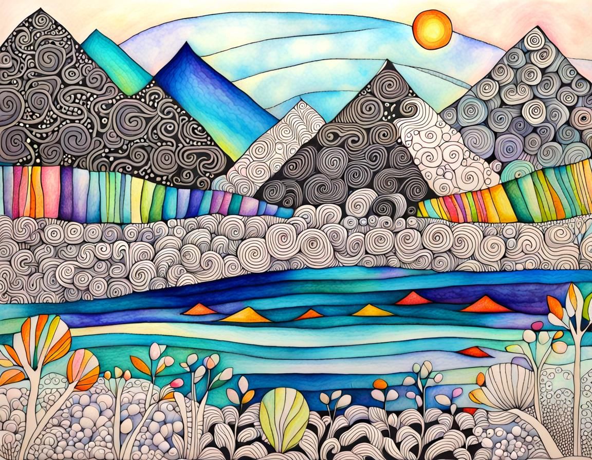 Calming Zentangle Landscape with Triadic Colors