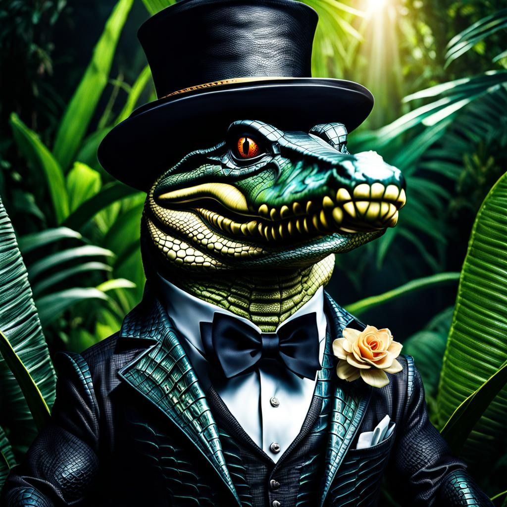 Alien Alligator in Jungle Wearing Top Hat