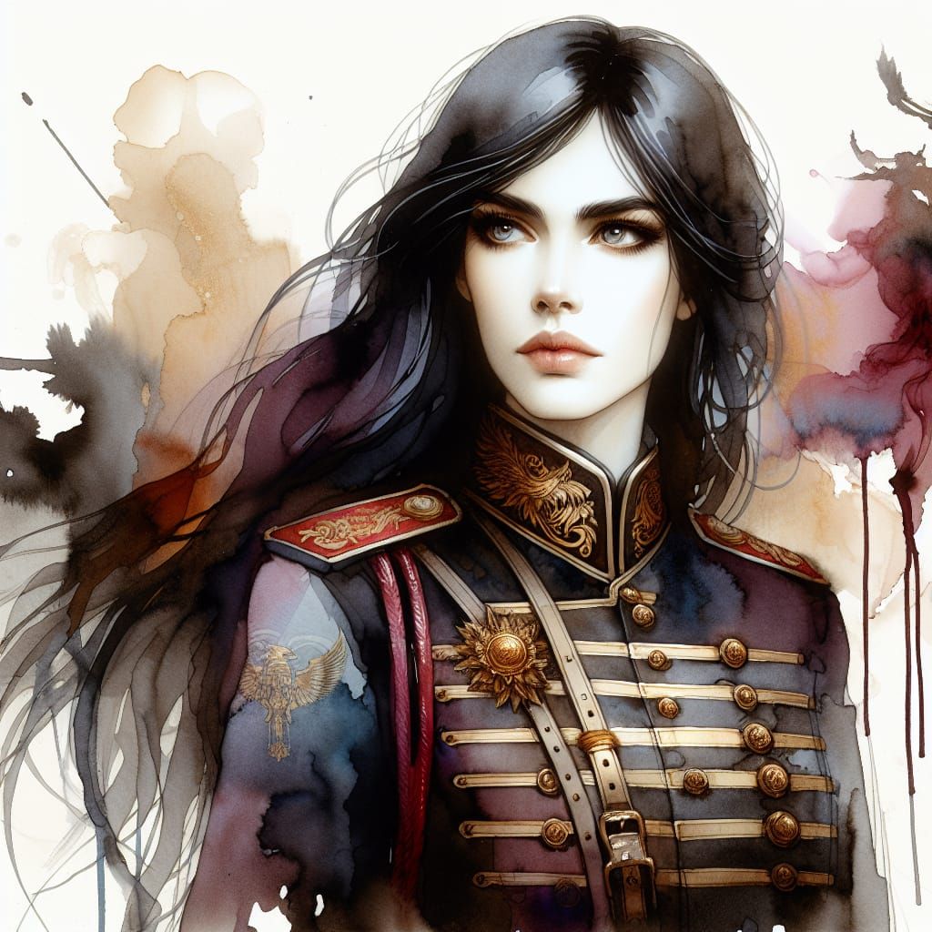 Stoic Police Officer in Watercolor, Lacquered Uniform and Cr...