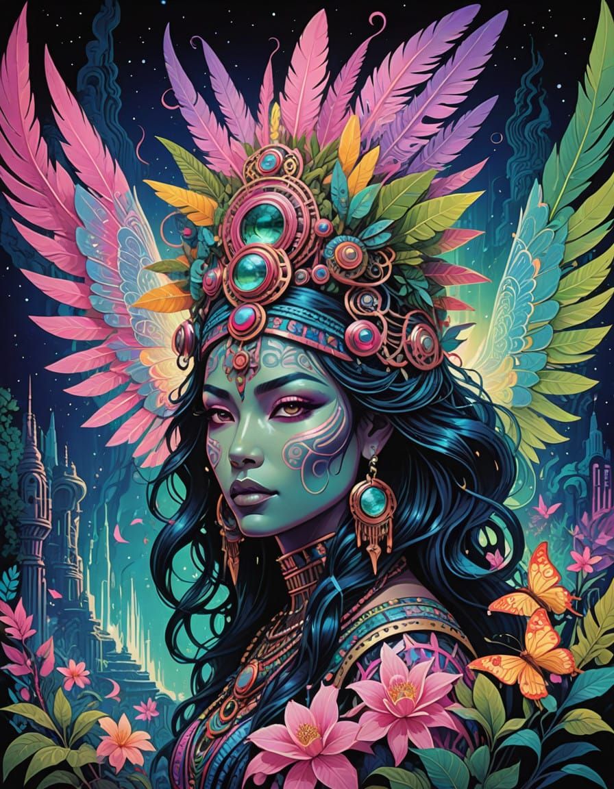 Ethereal Aztec Shaman in Vibrant 80s Anime Fantasy City