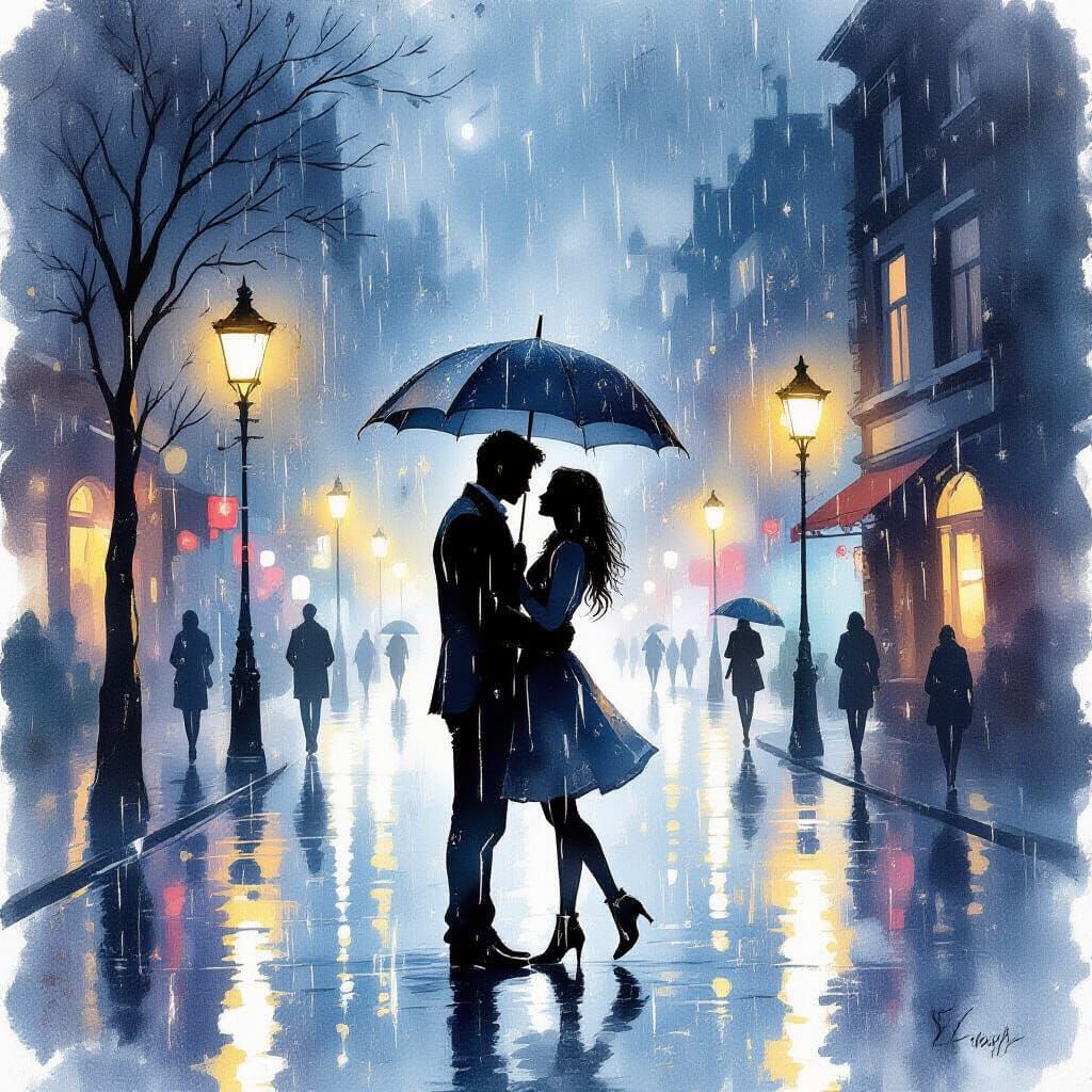 Couple Sharing Umbrella in Rainy Night Street