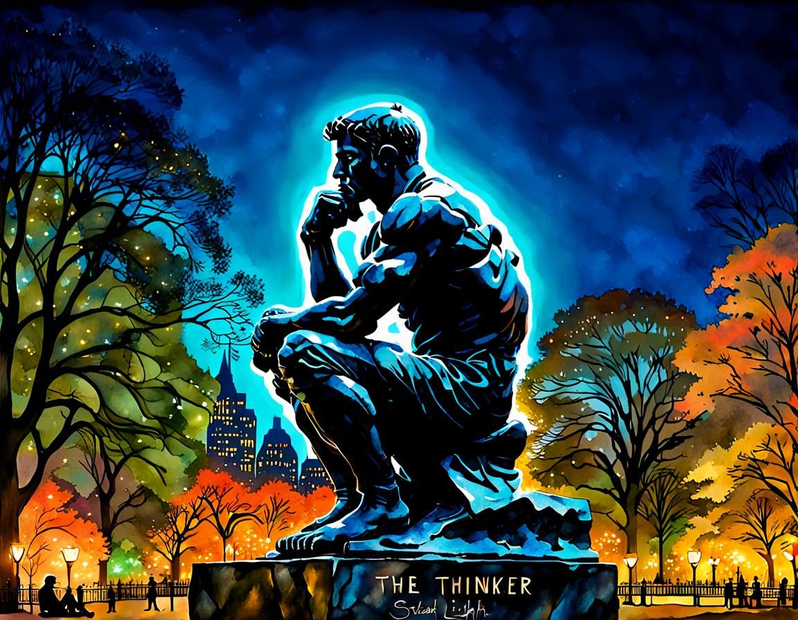 Silhouetted Art, "THE THINKER!" Statue Sitting in Central Pa...