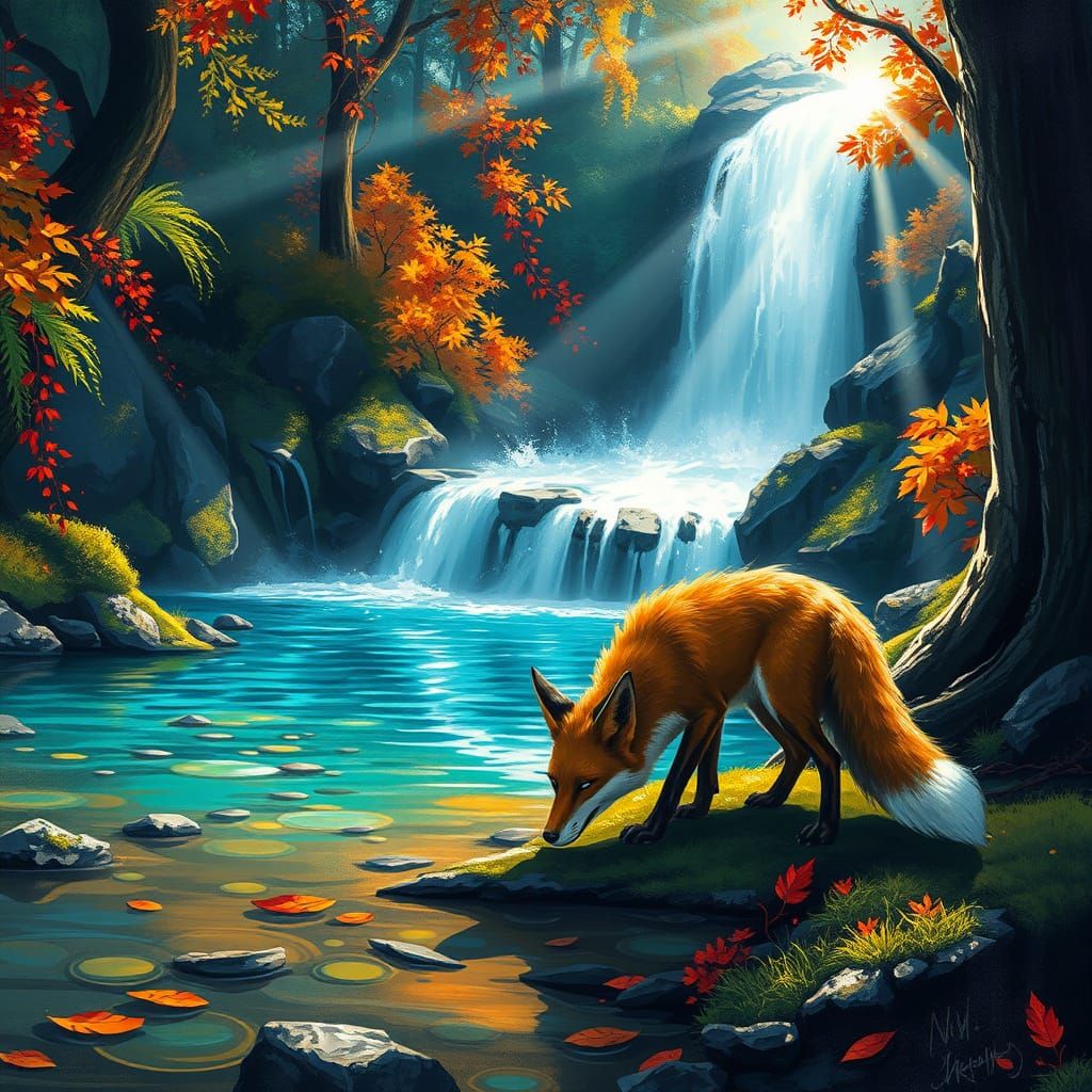 Fox Drinks Waterfall at Forest Edge in Fall Colors