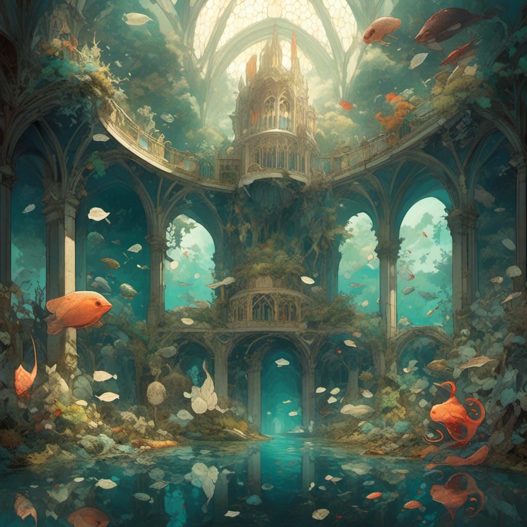 Underwater Cathedral with Frogs and Kelp