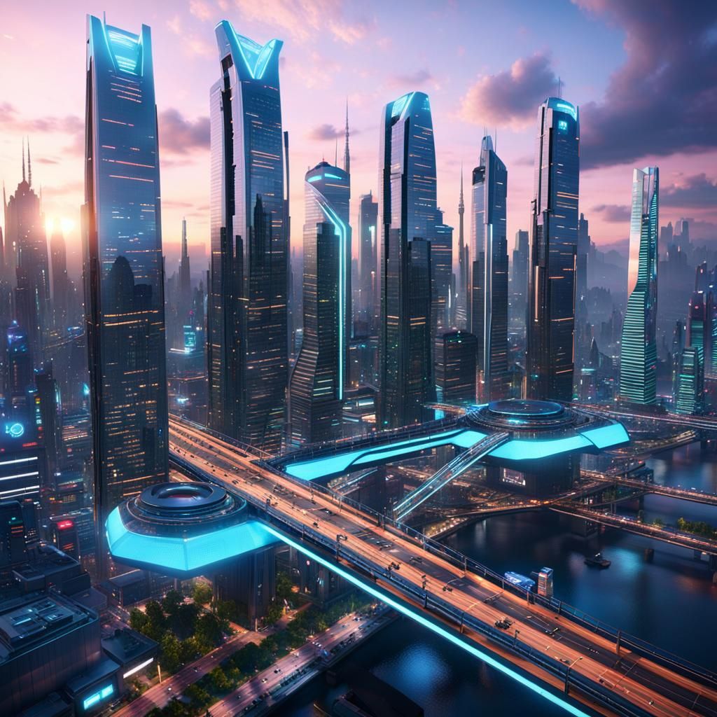 Futuristic Metropolis at Dusk in 3D