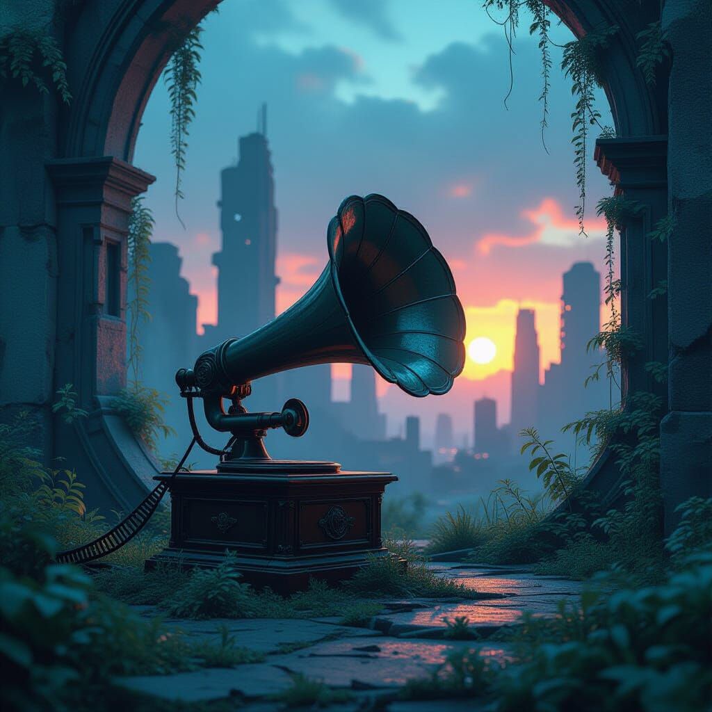 Ancient Gramophone in Futuristic Ruins