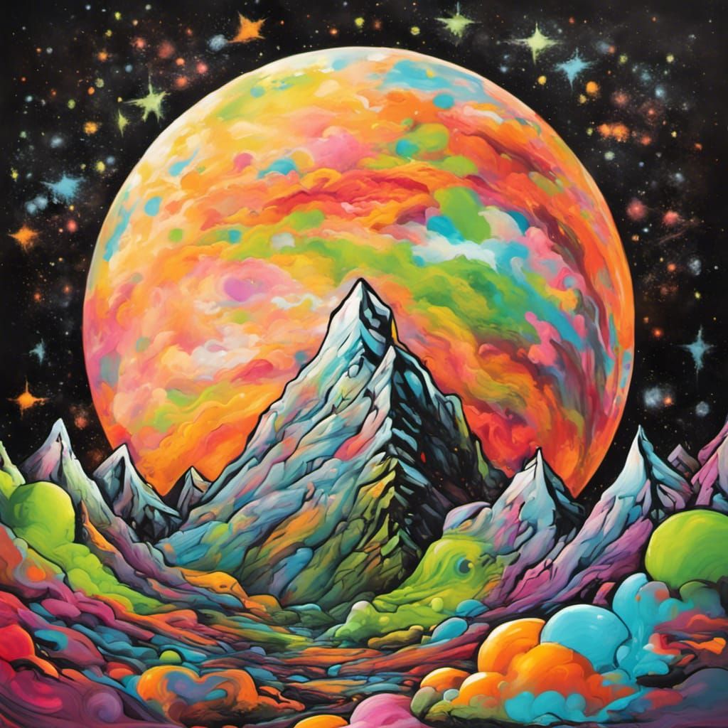 Colorful Moon Over Mountain in Graffiti Art Style