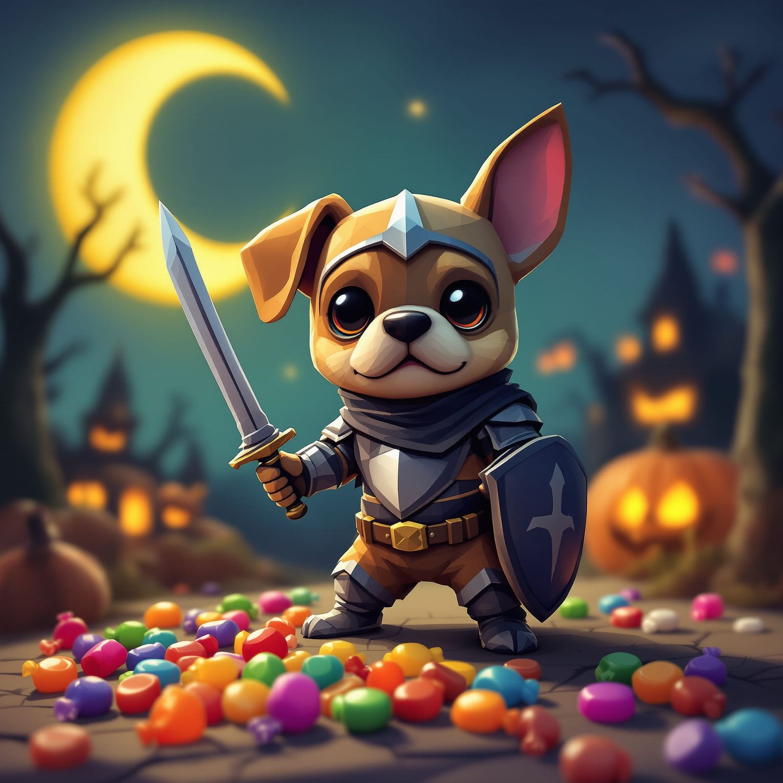 Mini Knight Dog Guarding Candy in Spooky Halloween Low Poly ...