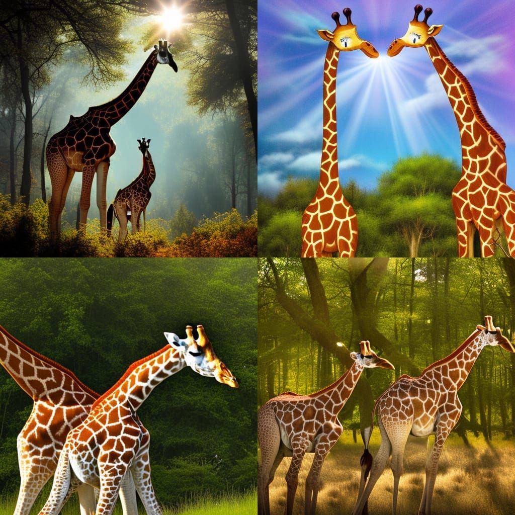 Giraffes in Forest with Heavenly Sunlight
