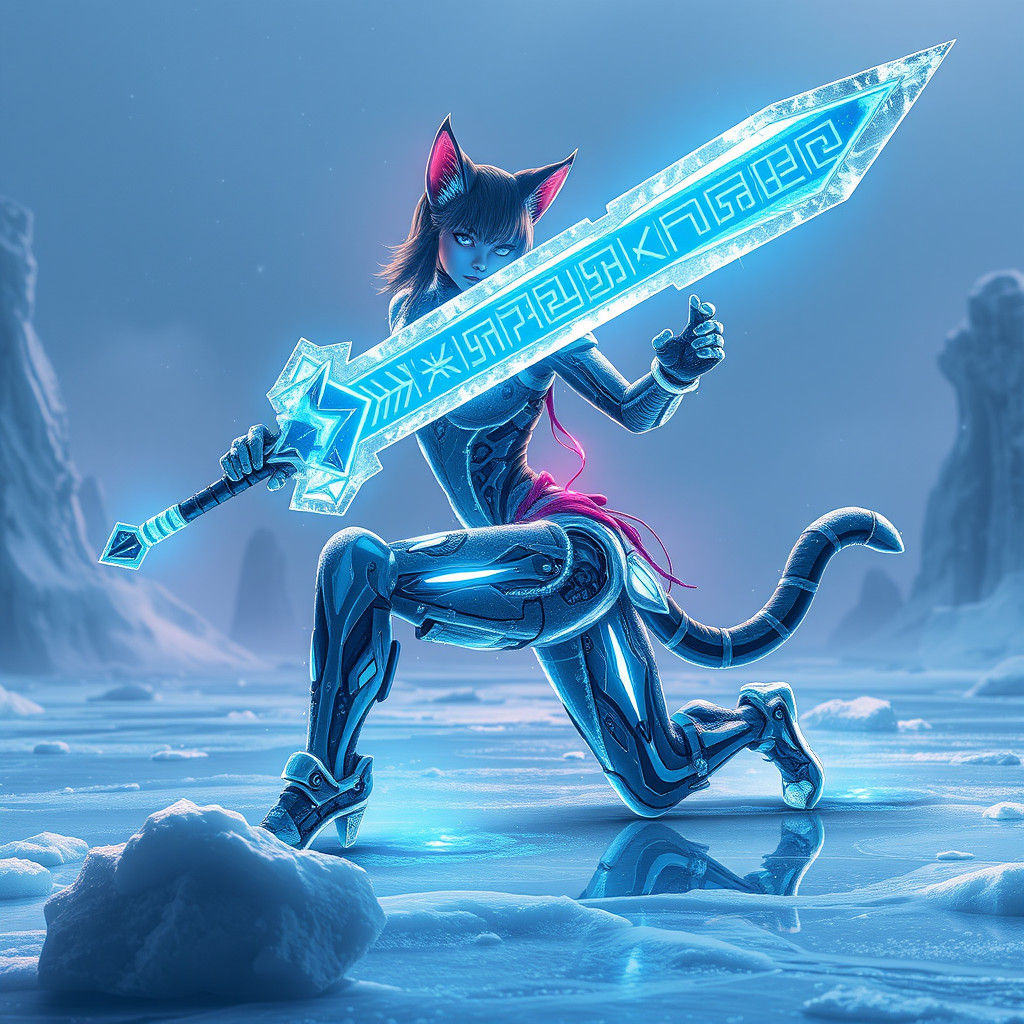 cybernetic neko cat girl in a dynamic superhero pose