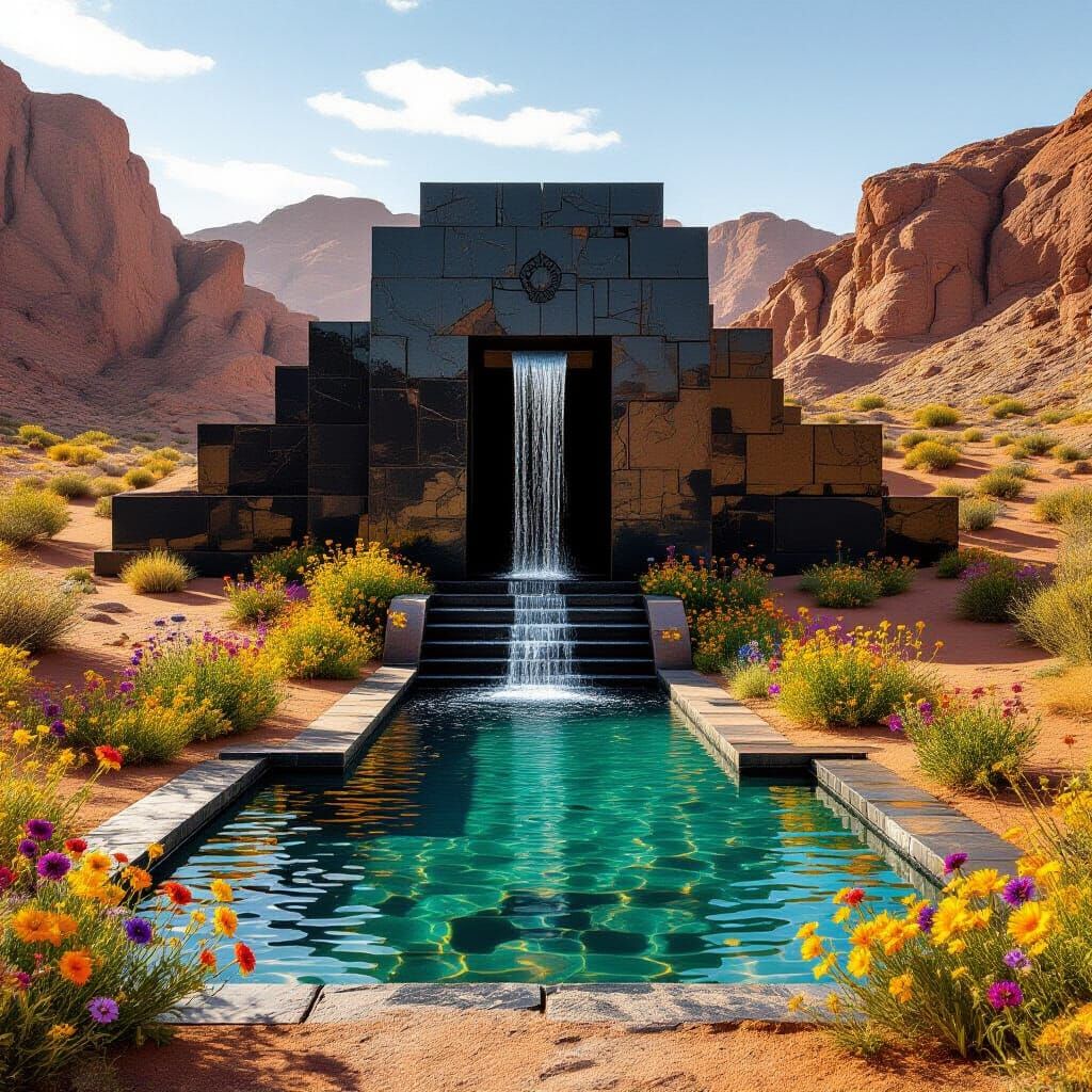 Obsidian Temple in Desert with Wildflower Pool