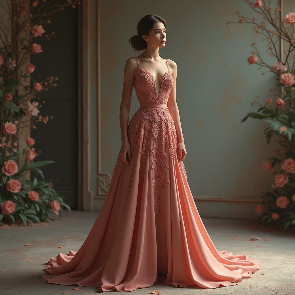 Woman in Elegant Gown: Detailed Matte Painting
