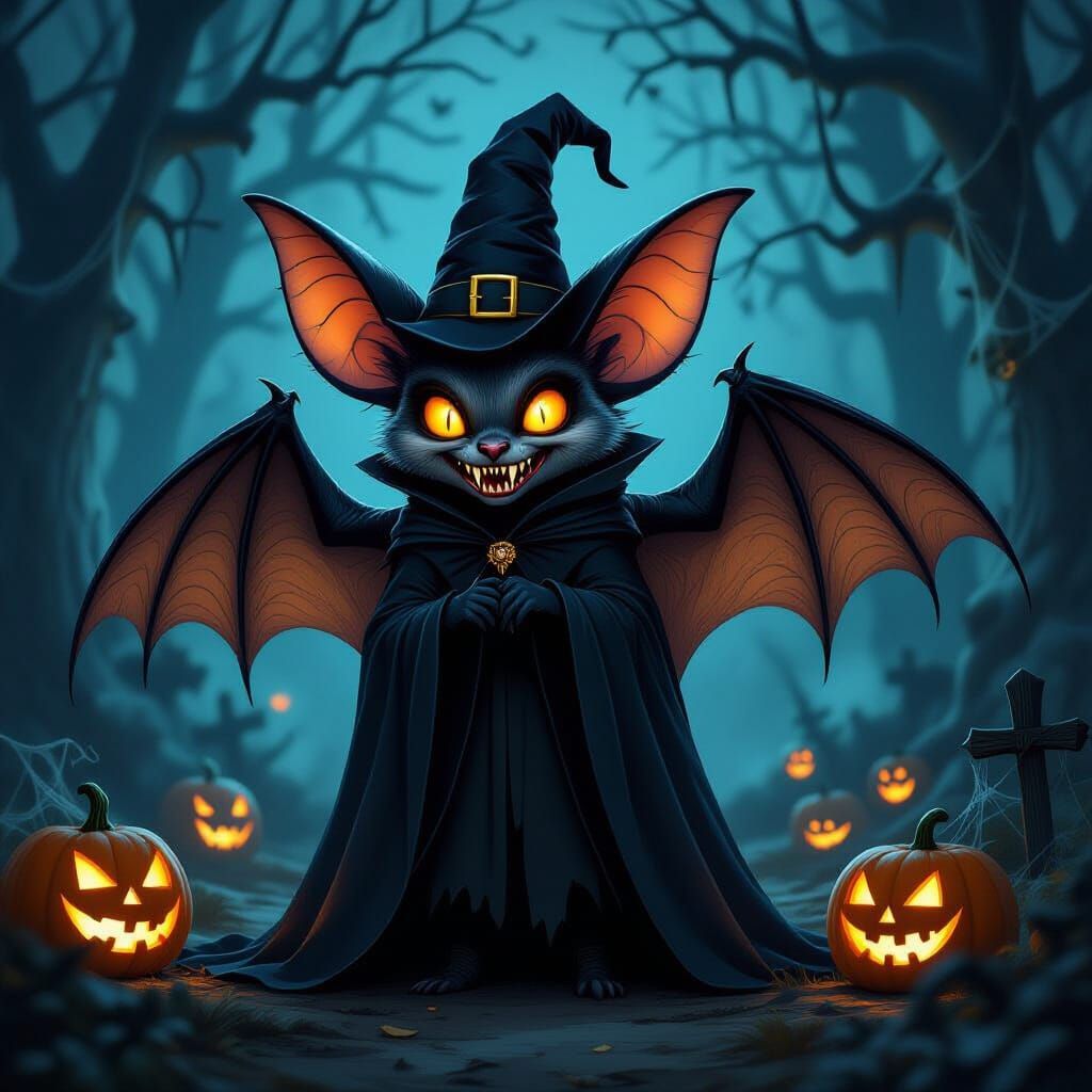 Gothic Bat Witch in Spooky Forest Clearing