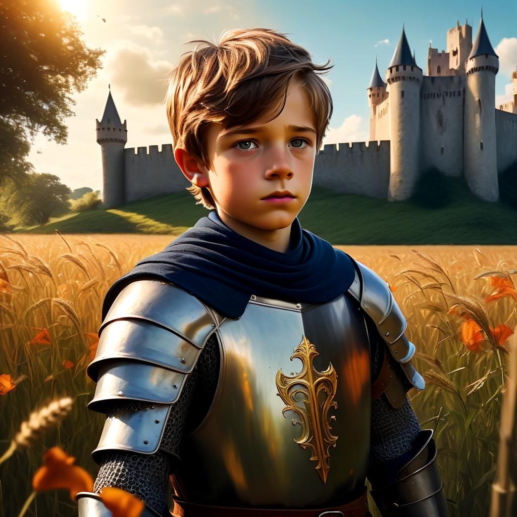 Boy Knight in Field Near Castle: Hyperrealistic Art