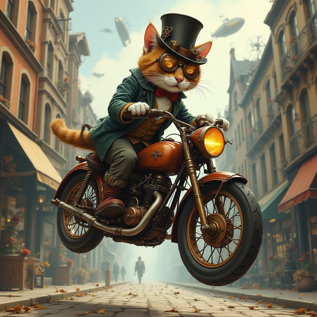 Steampunk Cat Tinkers with Gravity-Defying Motorcycle