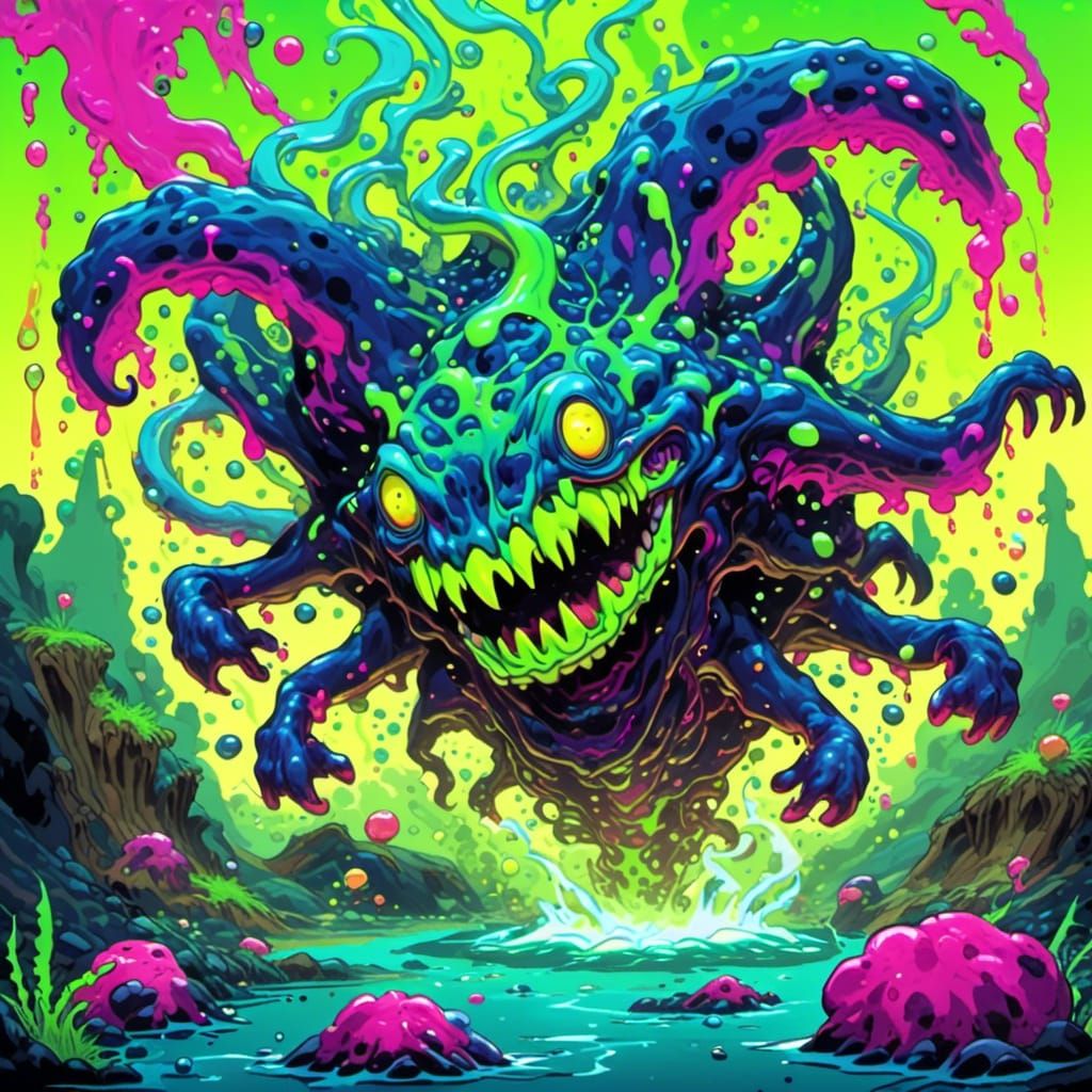 Biohazard Slime Monster Rising From Neon Lake