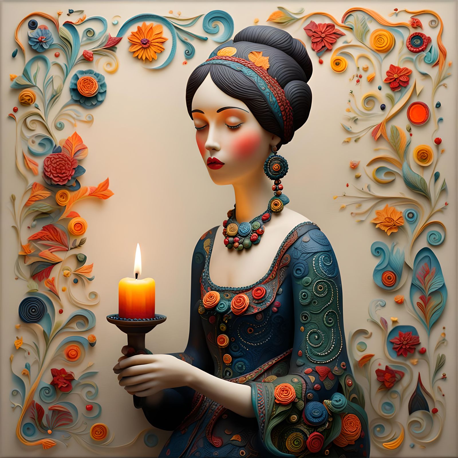 Melancholy Woman Holding Candle in Folk Art Style