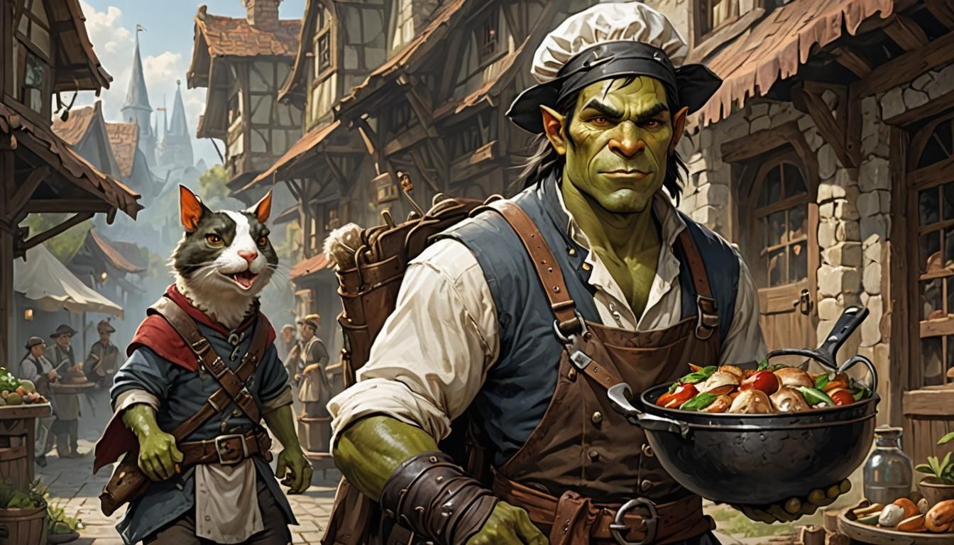 Half-Orc Chef and Cockatrice Companion