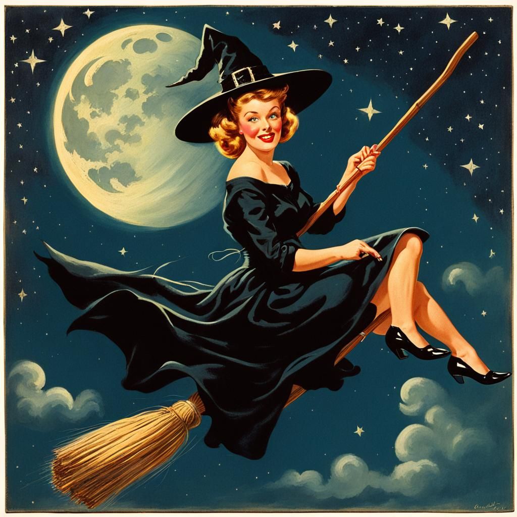 Pin-Up Witch Soaring Through Night Sky