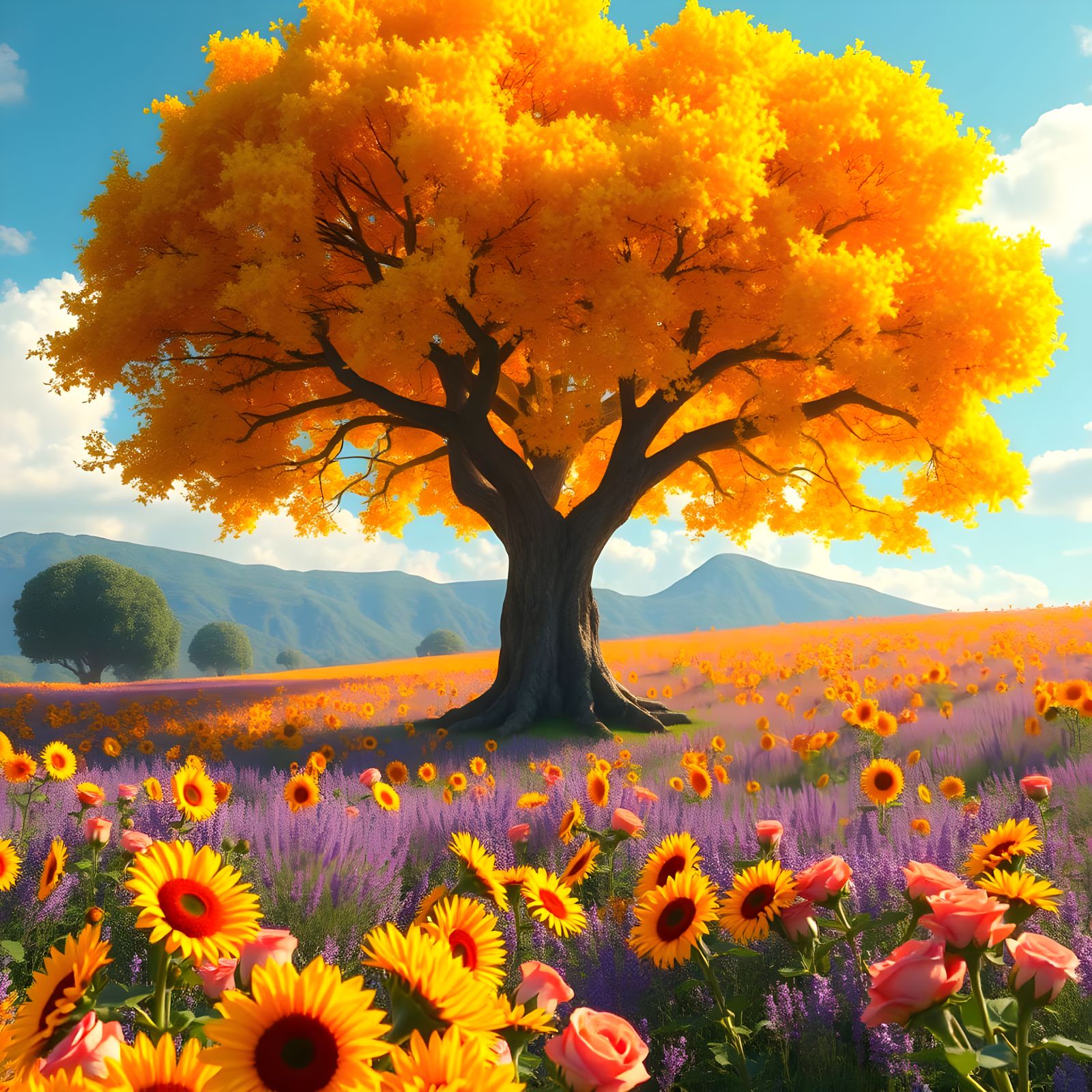 Majestic Golden Tree in Vibrant Floral Field