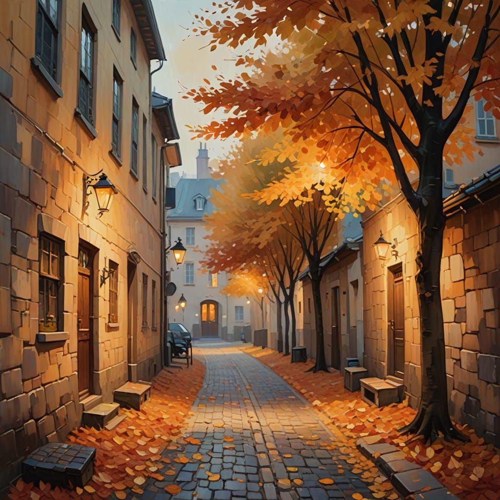 Cozy Autumn Evening in an Impressionist Alleyway