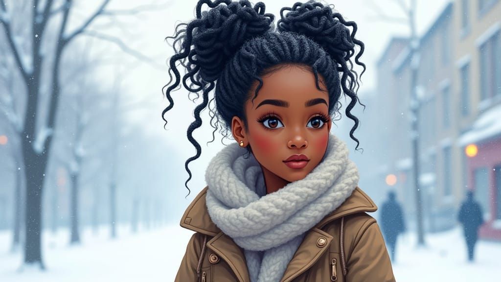 Gouache Woman with Twisted Locks Walking Down Snowy Street