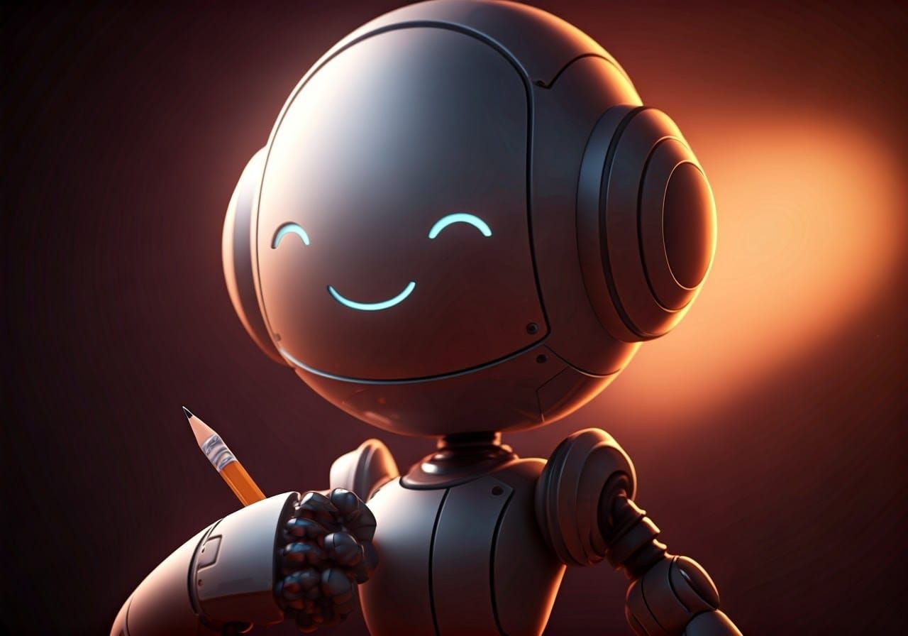 Chibi Robot with Pencil in 3D Anime Style