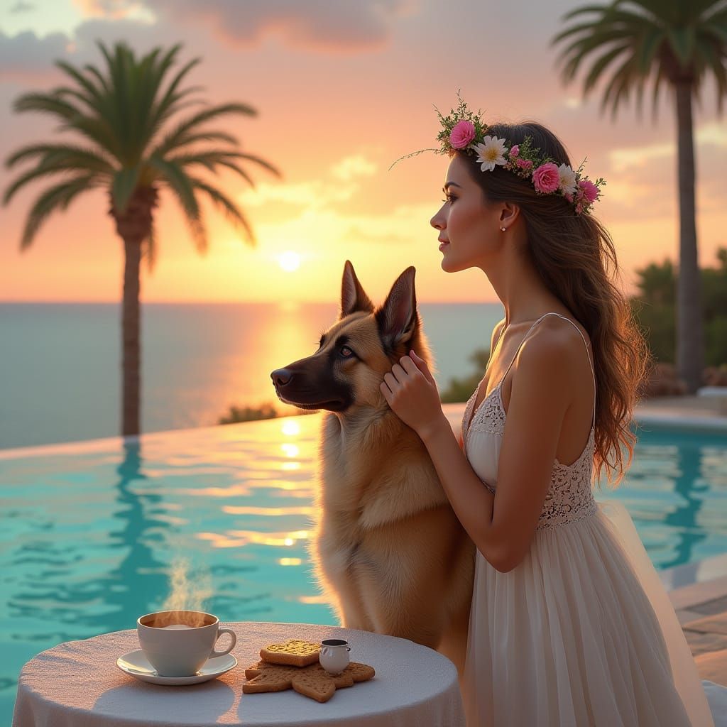 Woman with Dog and Floral Crown at Sunset Pool