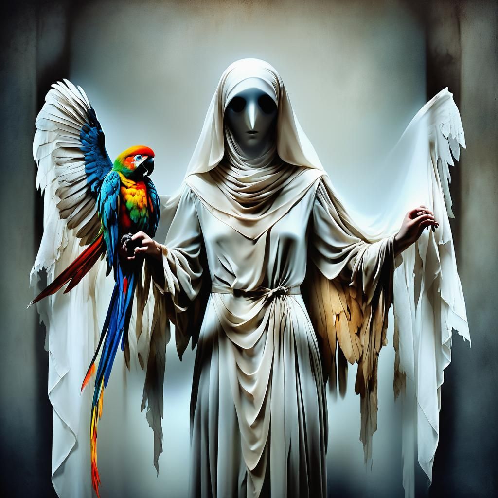 Elegant Sheet Ghost with Macaw, Spooky Photography