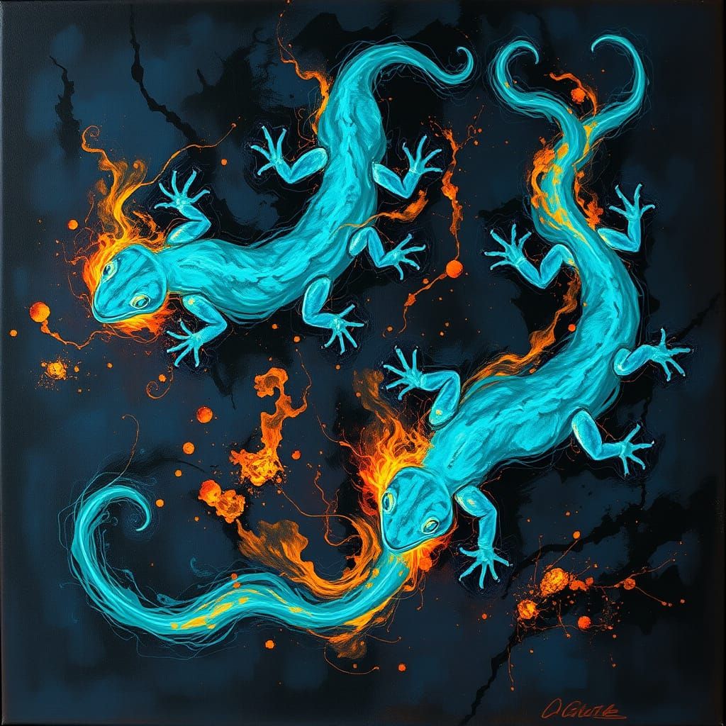 Abstract Oil Painting: Turquoise Ember Salamanders