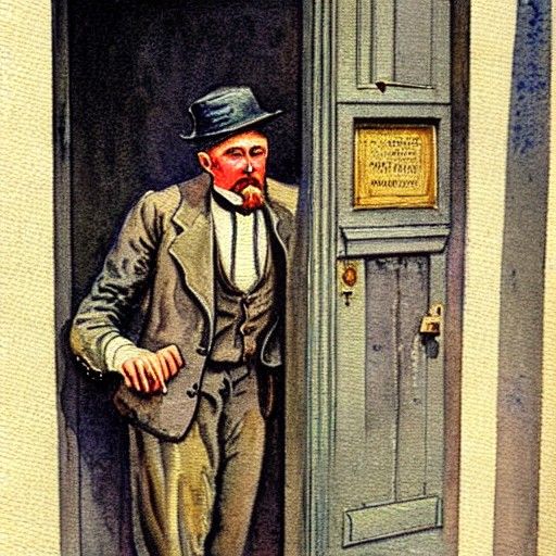 Clumsy Lawyer Locked Out: 1900s Watercolor Painting