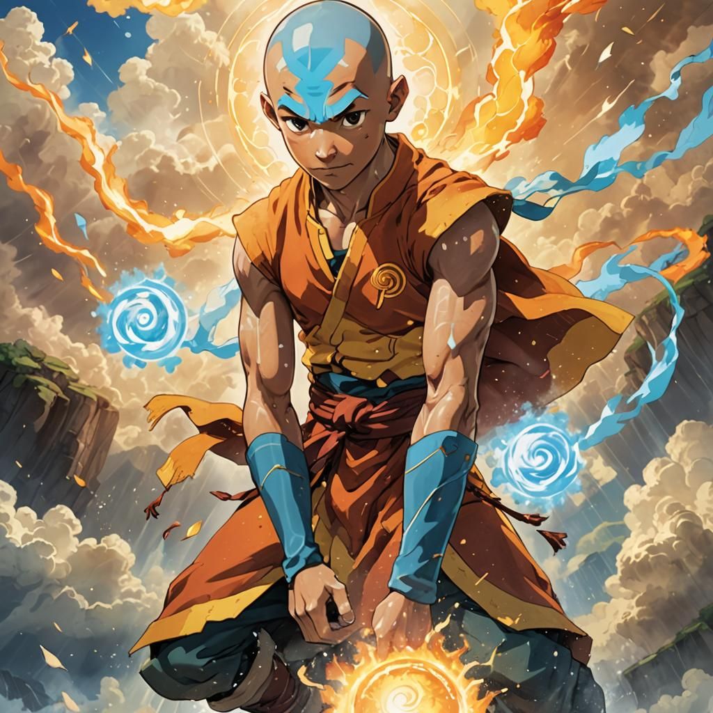 Aang with the Four Elements in Divine Light