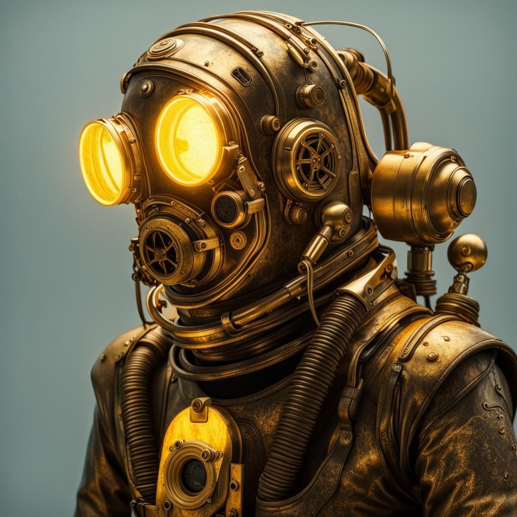 Golden Bioluminescent Diving Suit in Cyberpunk Style