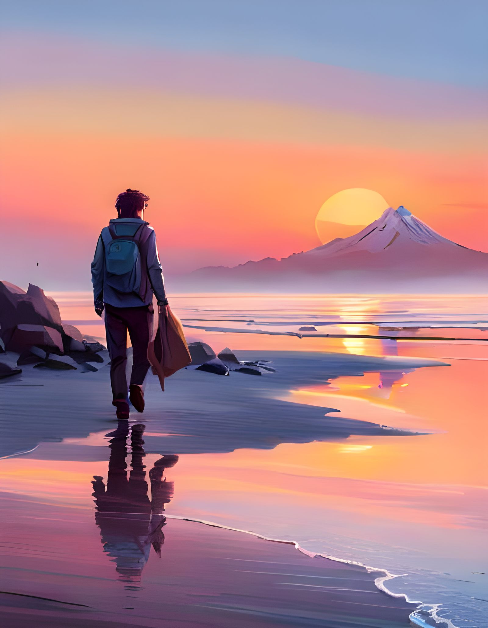 Sunset Beach Walk in Romantic Impressionist Style